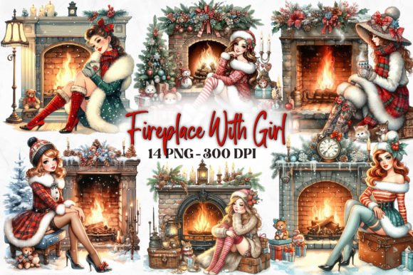 Christmas Fireplace Girls Clipart: Illustrations Review