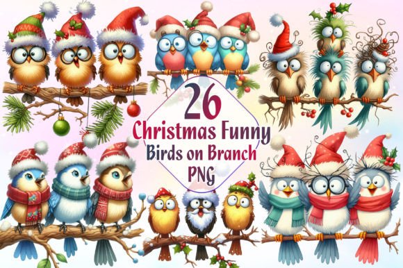 Christmas Funny Birds on Branch Clipart Illustrations