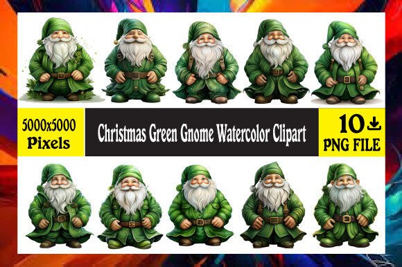 Christmas Green Gnome Watercolor Clipart for Illustrations