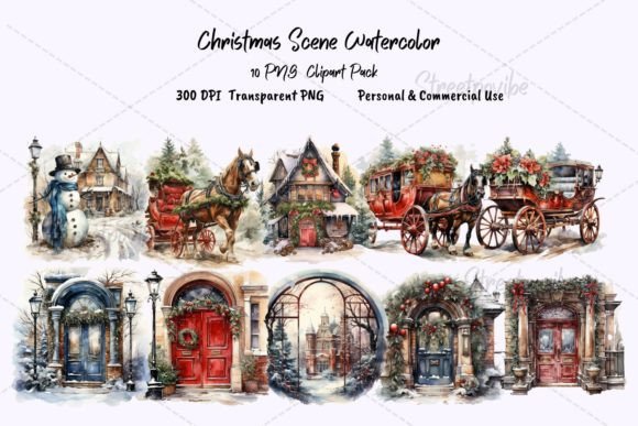 Christmas Scene Watercolor Clipart PNGs for Illustrations