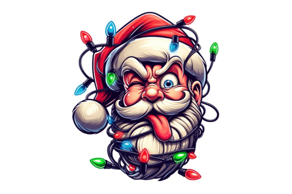 Crazy Santa Tangled in Christmas Lights Illustrations