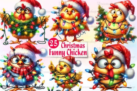 Cute Christmas Funny Chicken Clipart Illustrations