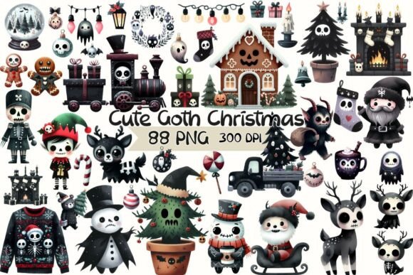 Cute Goth Christmas Watercolor Clipart & Illustrations
