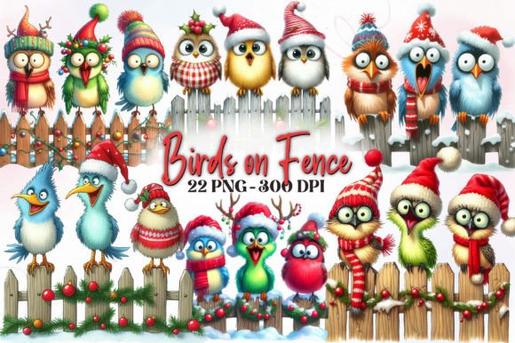 Funny Christmas Birds on Fence Clipart: Illustrations Review