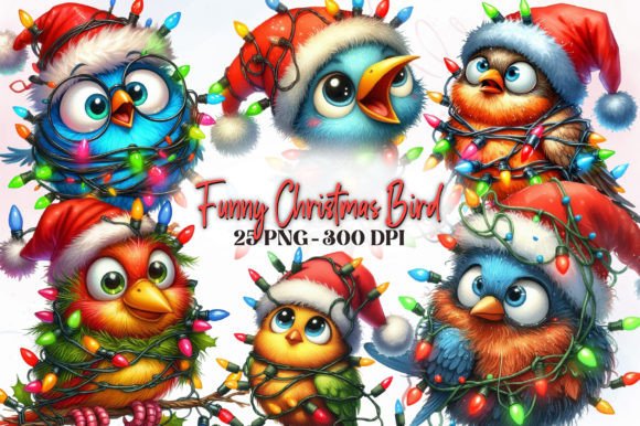 Funny Christmas Birds Watercolor Clipart & Illustrations