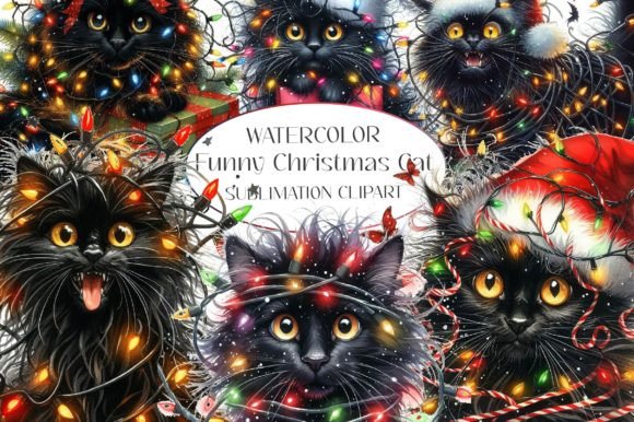 Funny Christmas Black Cat Clipart Illustrations