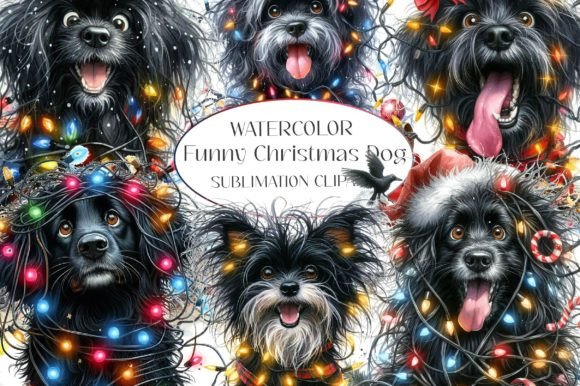 Funny Christmas Black Dog Clipart: Festive Illustrations