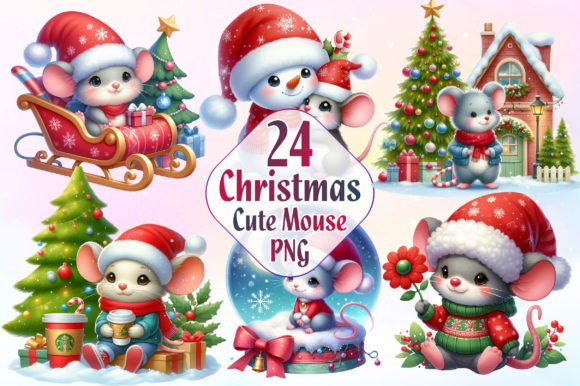 Funny Christmas Mouse Watercolor Clipart & Illustrations