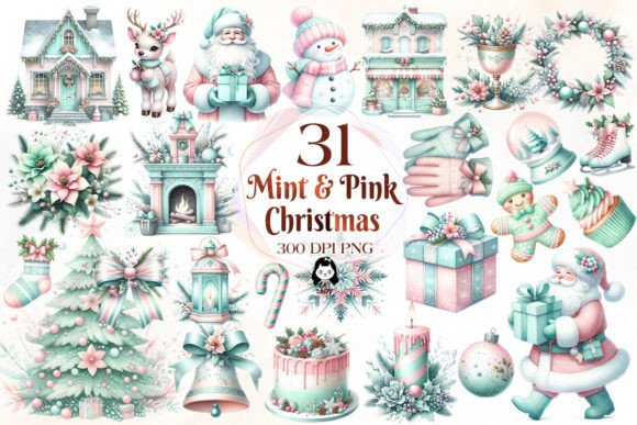 Pastel Mint Pink Christmas Clipart for Illustrations