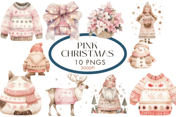 Pink Christmas Watercolour Clipart & Illustrations