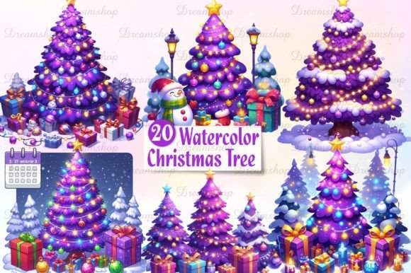 Purple Christmas Tree Watercolor Clipart: Editorial Illustrations