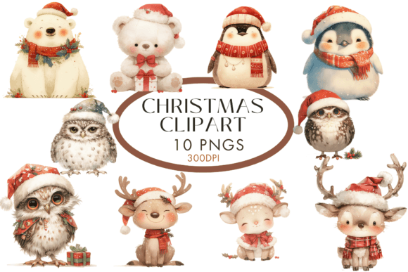 Santa Hat Christmas Animals Clipart for Illustrations