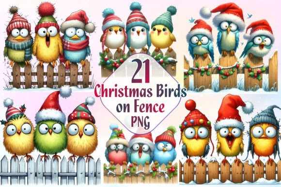 Watercolor Christmas Bird on Fence Illustrations