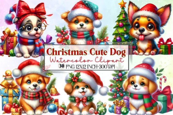 Watercolor Christmas Dog Clipart & Illustrations