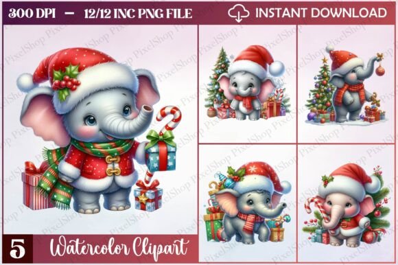 Watercolor Christmas Elephant Clipart & Illustrations