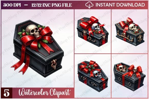 Watercolor Christmas Gothic Coffin Illustrations