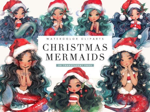 Watercolor Christmas Mermaids Clipart Illustrations