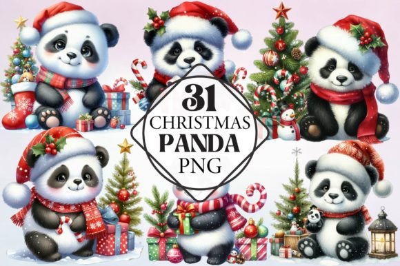 Watercolor Christmas Panda Clipart for Illustrations