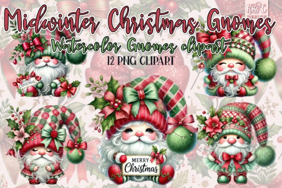 Watercolor Midwinter Christmas Gnomes Illustrations